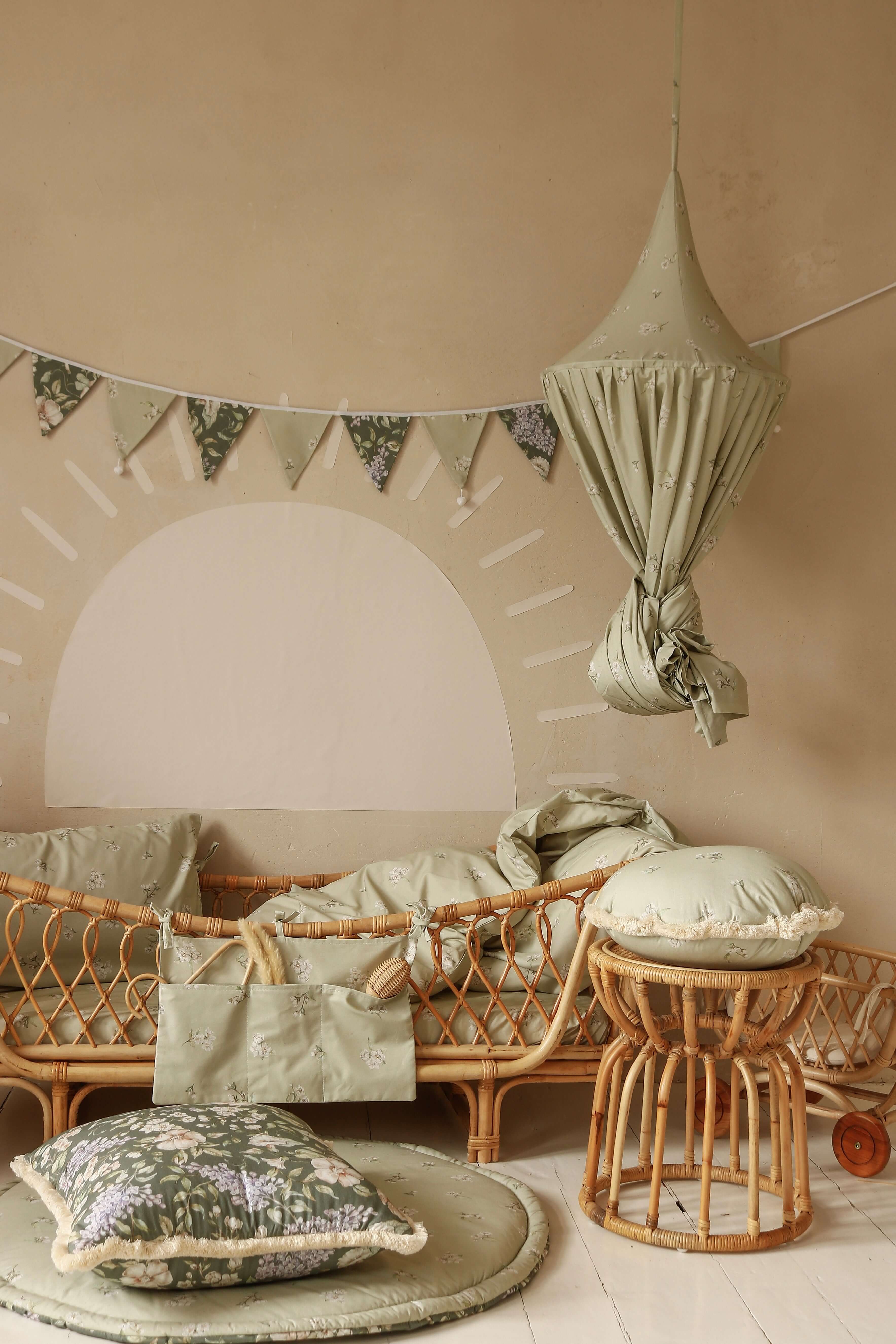 Apple Blossoms on Light Green – Bed Canopy