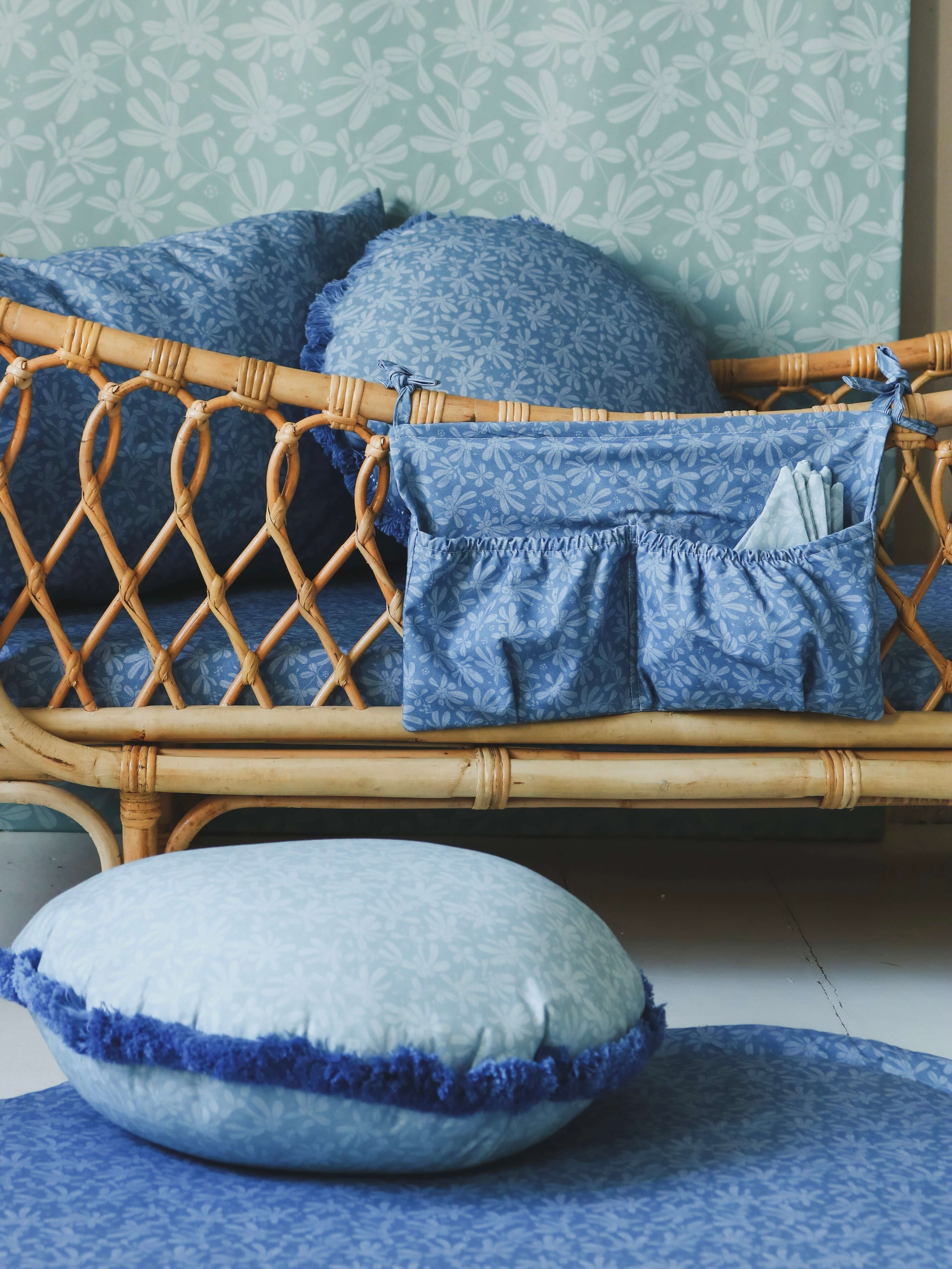 Frayed-Trimmed Rattan Chair with Floral Storage Accessory Set