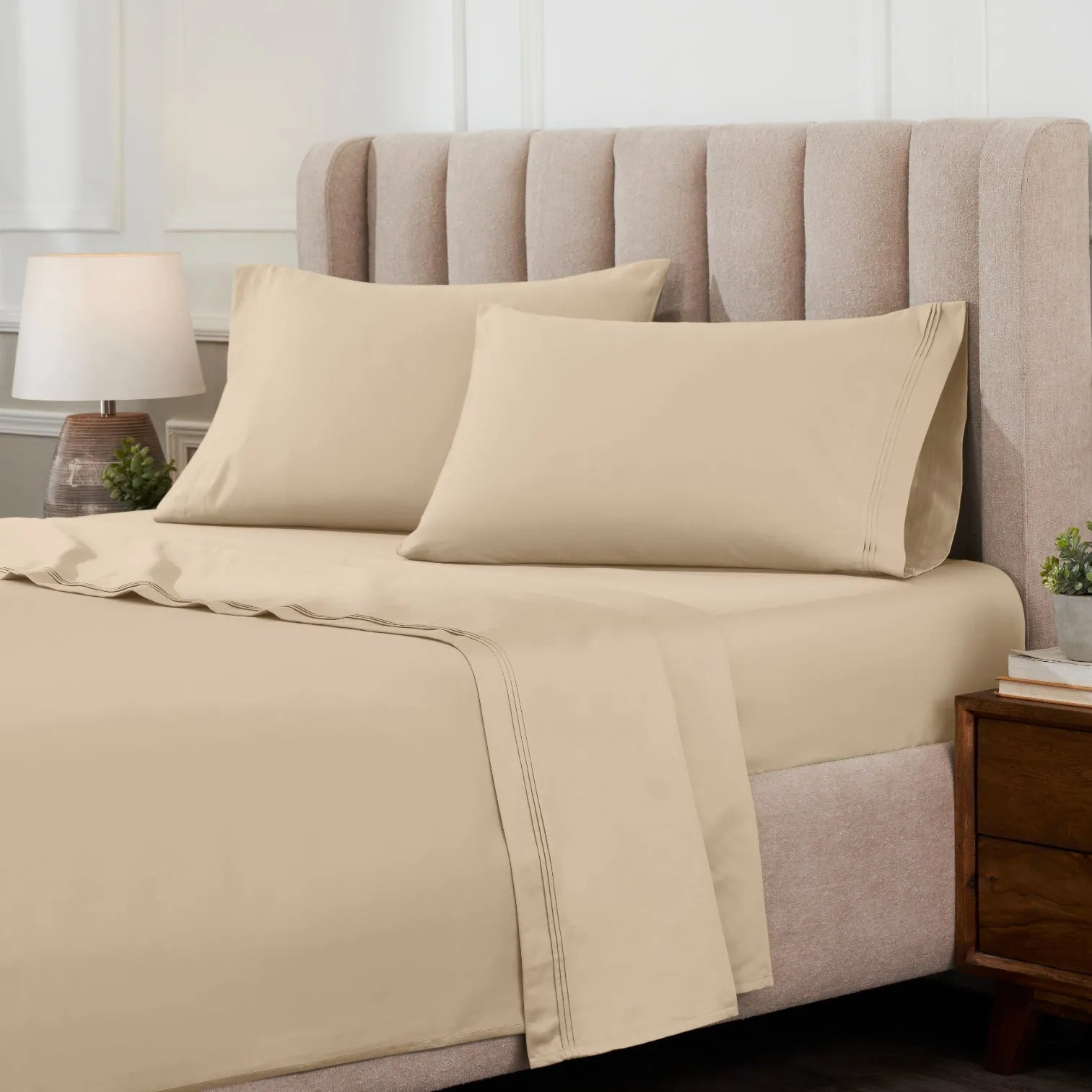 Decorative-stitched Egyptian Cotton Sateen Bed Sheet Set