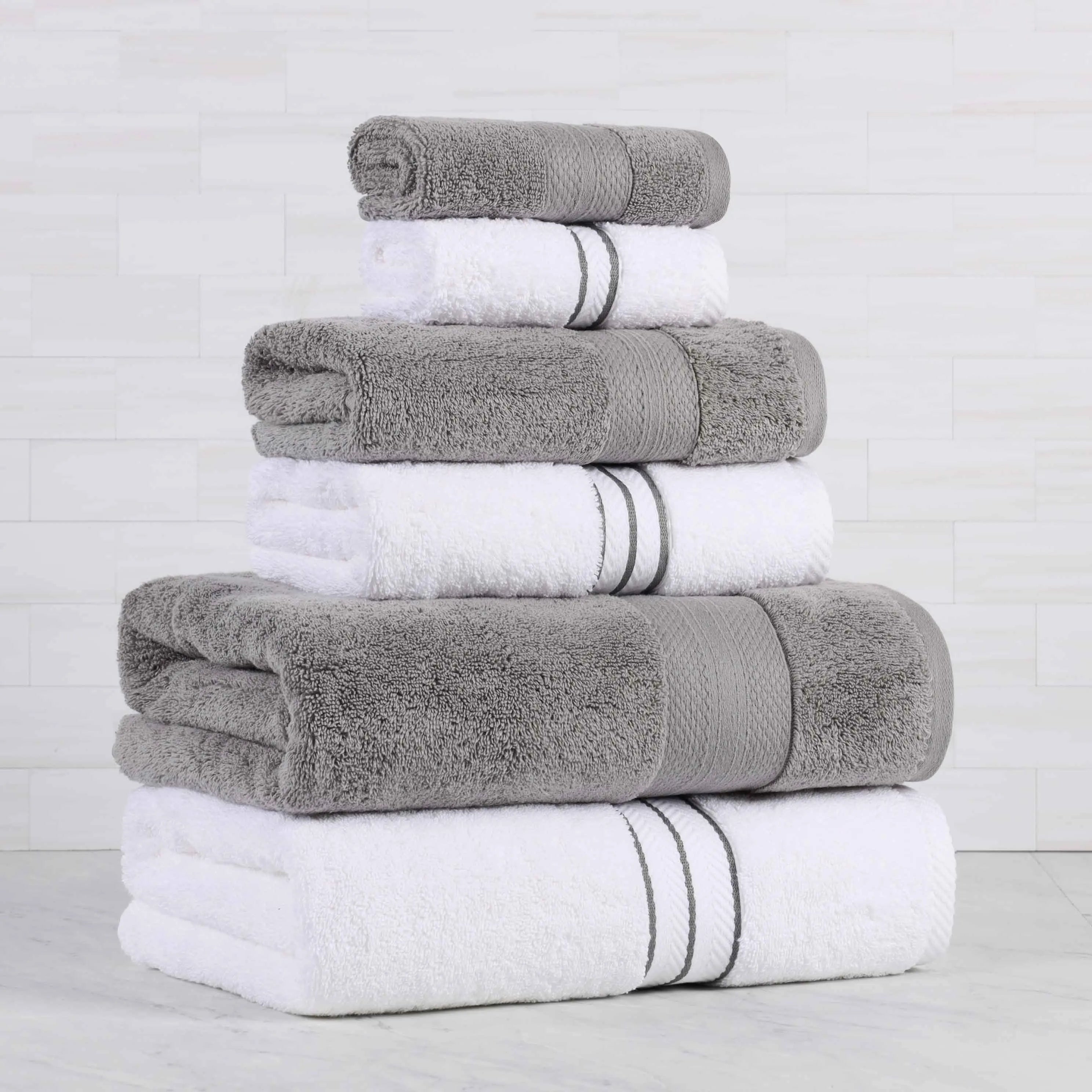 Textured-banded Turkish Cotton Terry Cloth 6-Piece Towel Set
