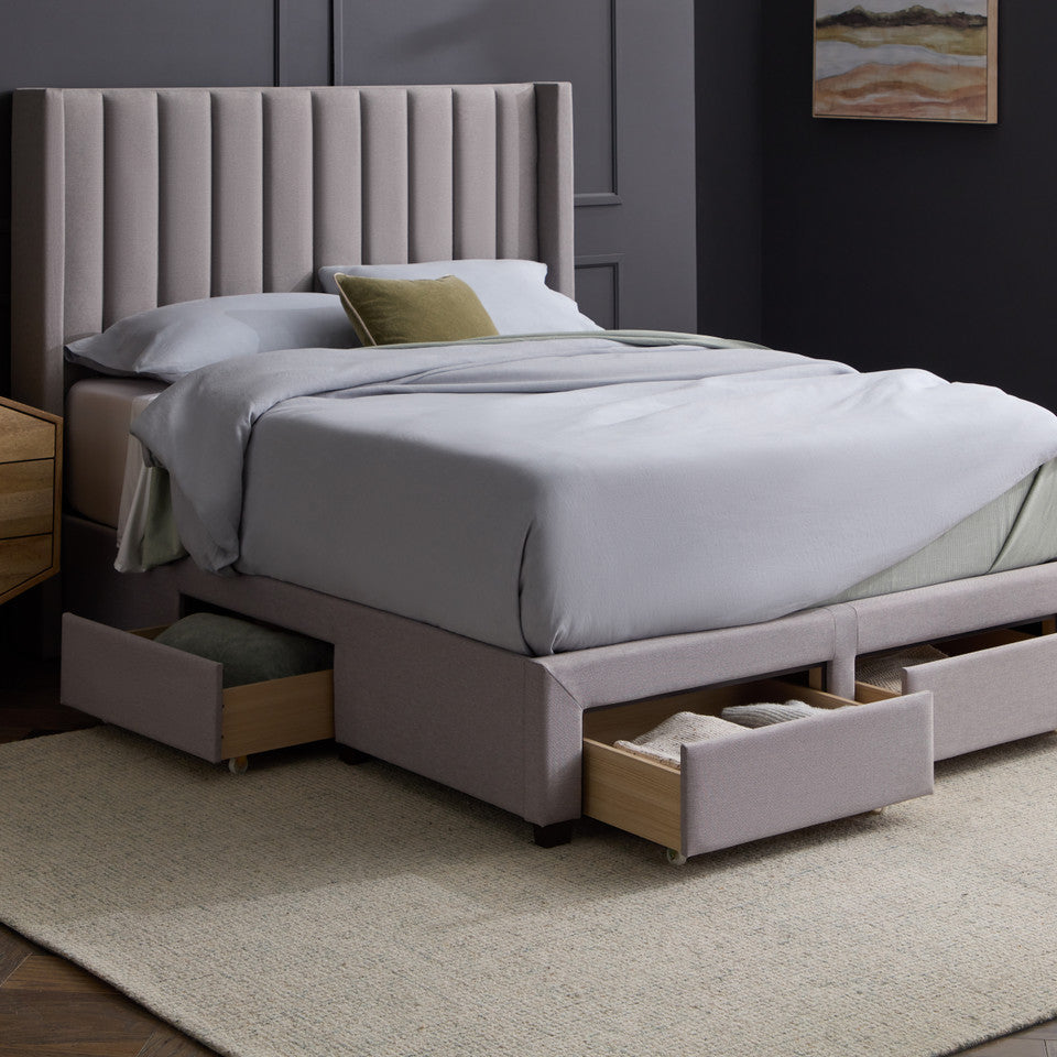 Paneled Upholstered Platform Bed Frame with Storage Drawers