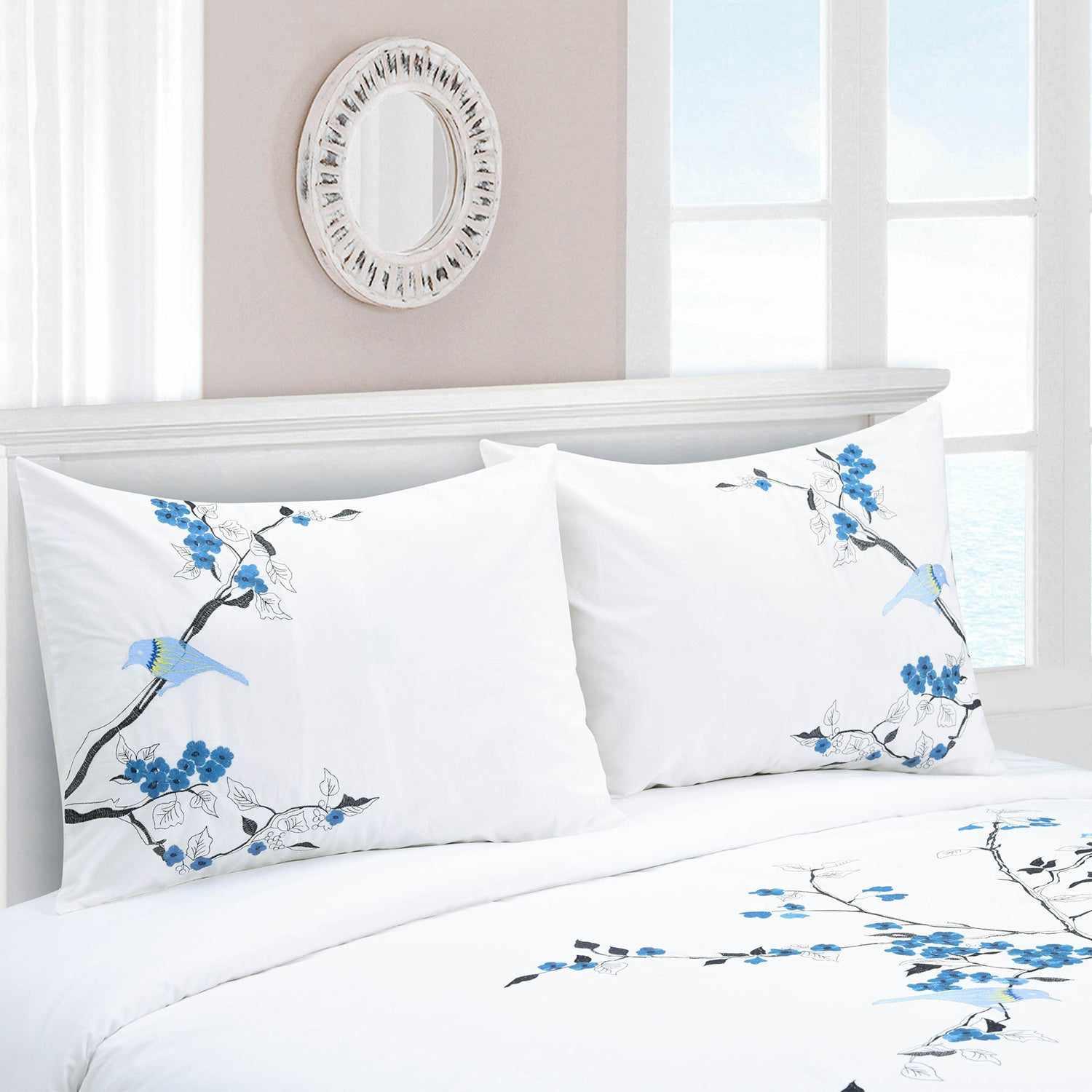Botanical-embroidered Cotton Bedding Set