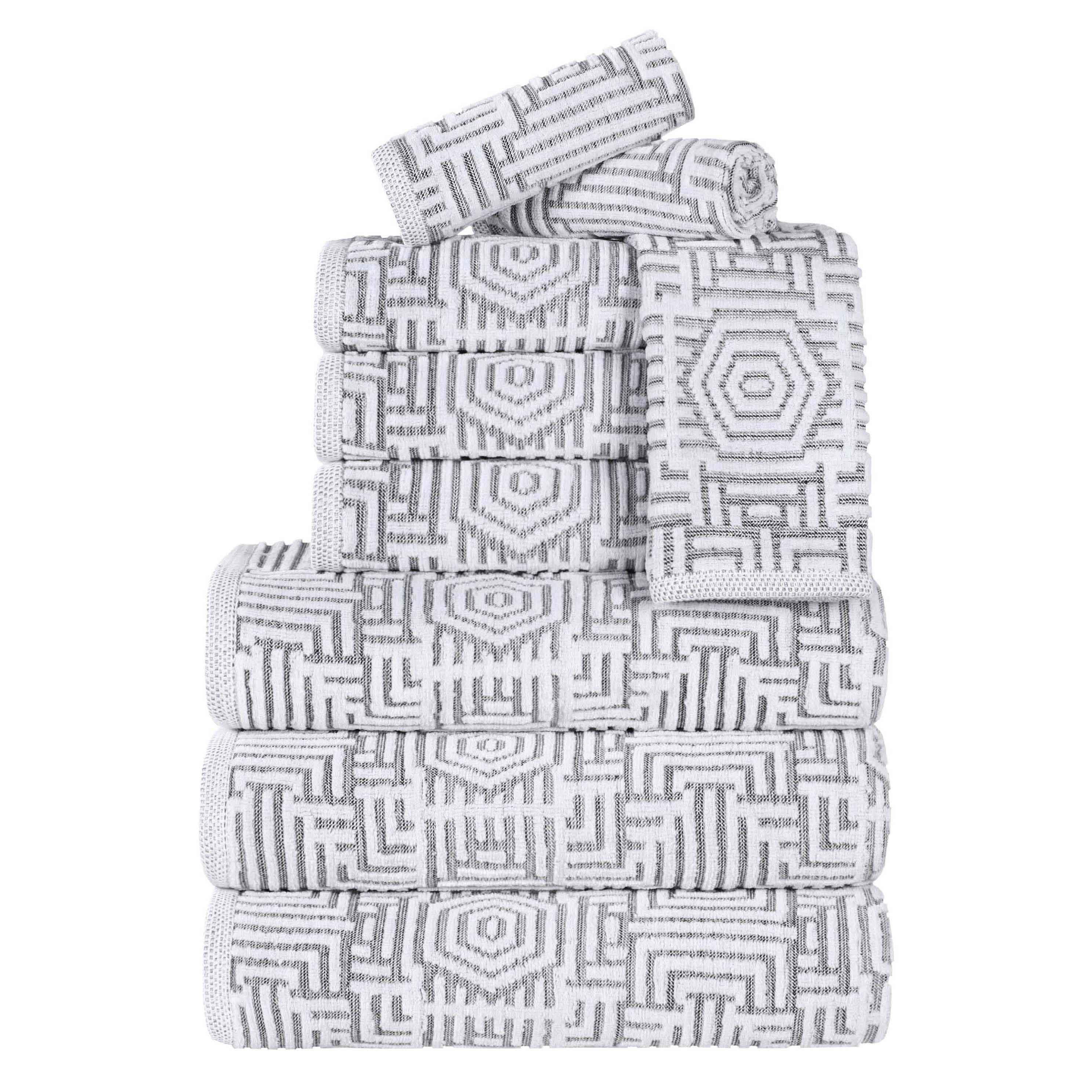 Waffle-border Geometric Jacquard Cotton Bathroom Towel Set