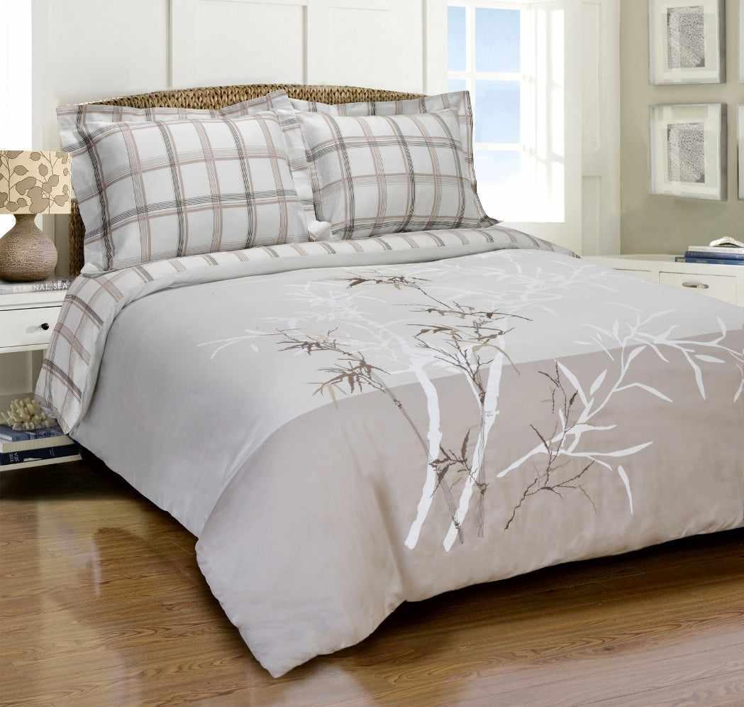 Bamboo-and-plaid Cotton Reversible Duvet Cover Set