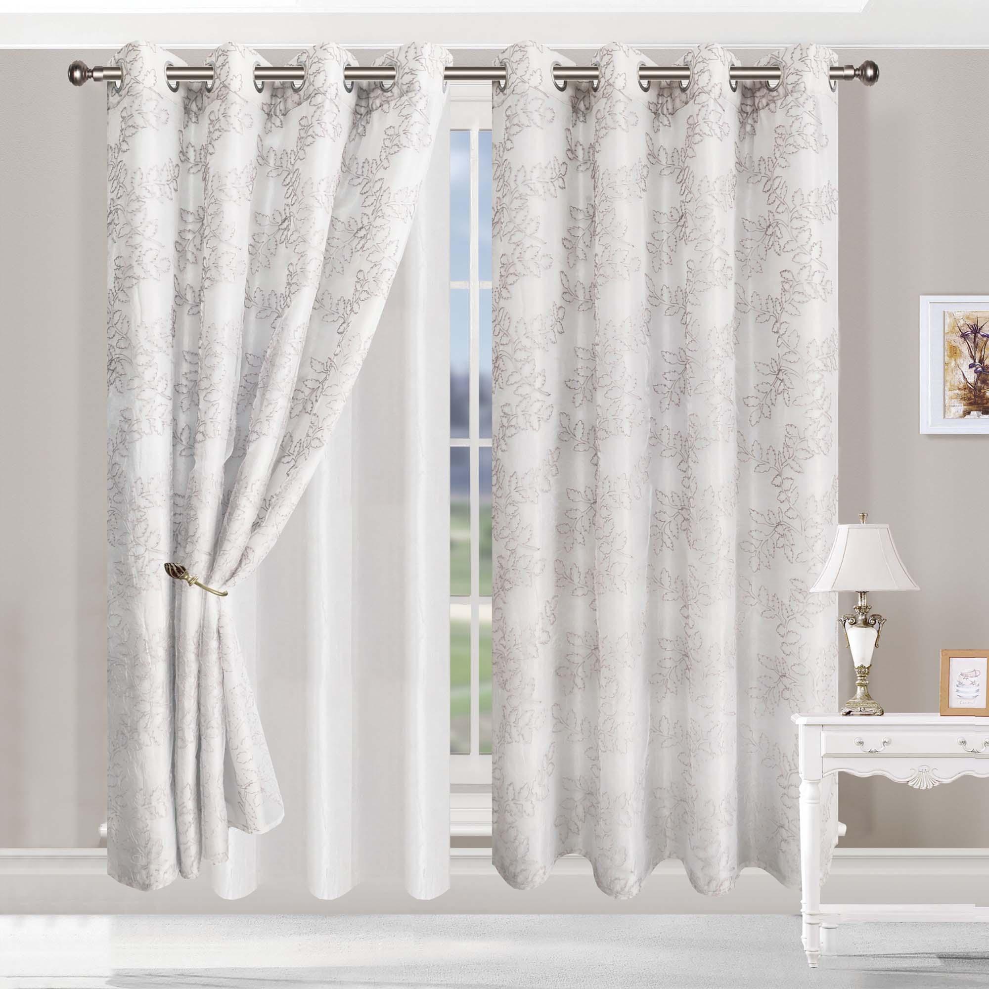 Floral-leaf Embroidered Sheer Curtain Panel Set