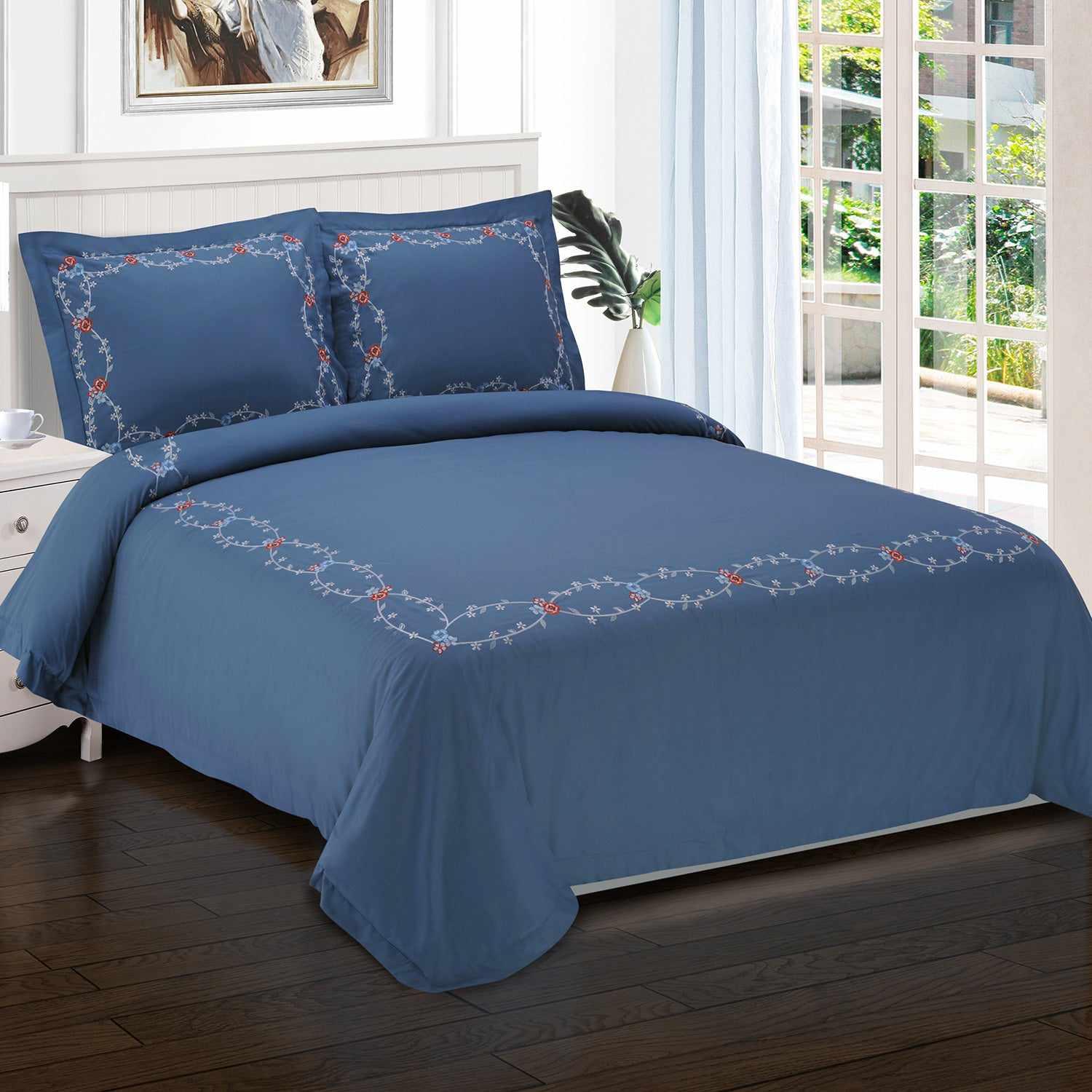 Embroidered Floral Vine Cotton Duvet Cover Set
