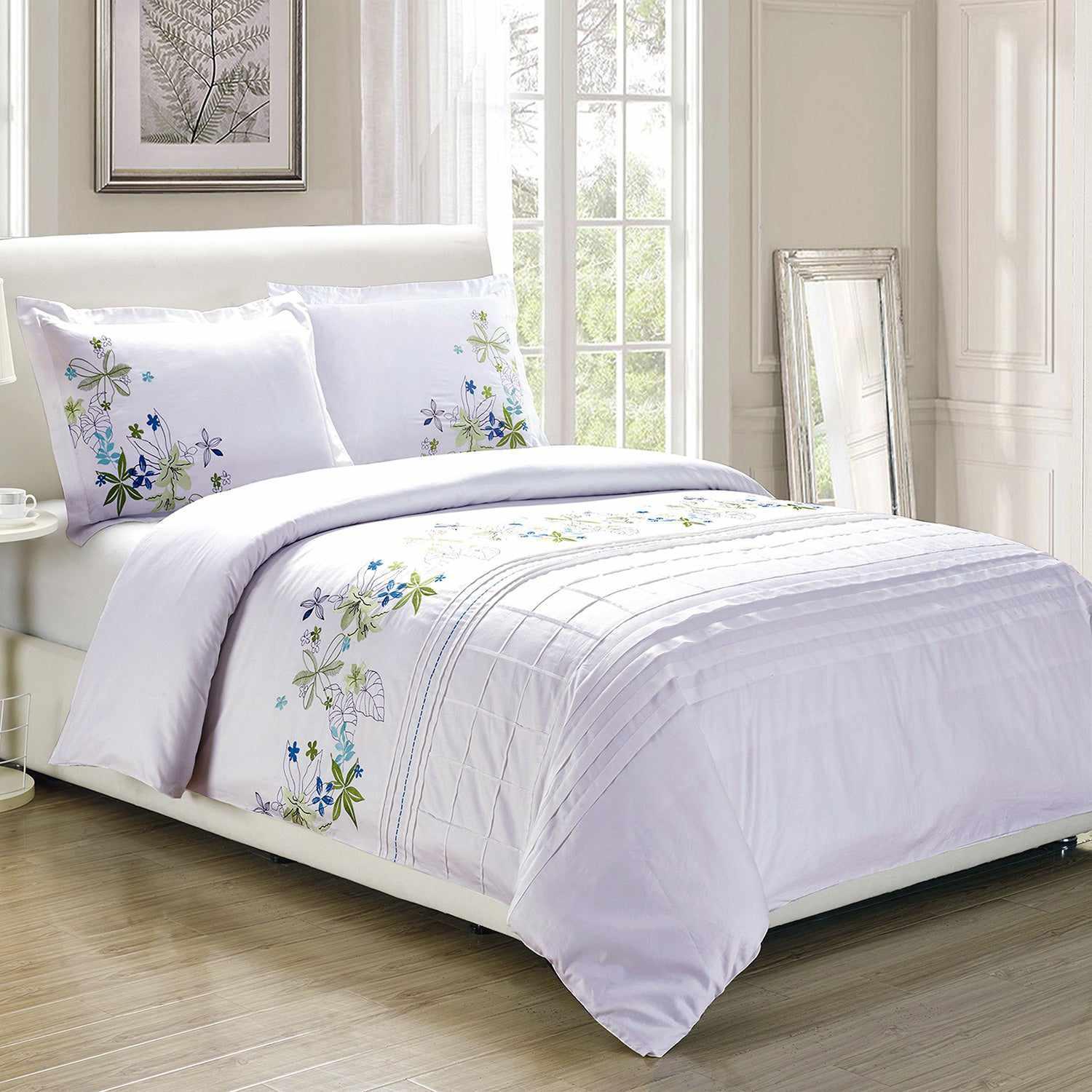 Structured-stitched Floral Embroidered Cotton Blend Bedding Set